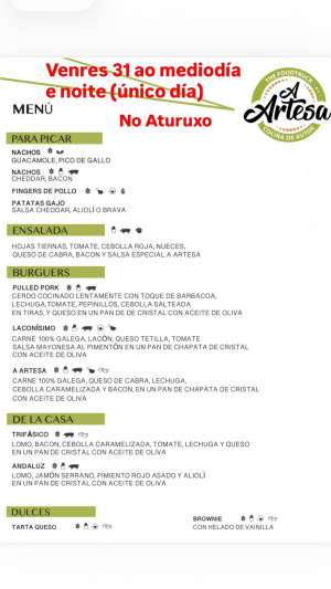 Este venres 31. Único día

Menú no Aturuxo preparado por A Artesa foodtruck. Animádevos a pasarvos !!!